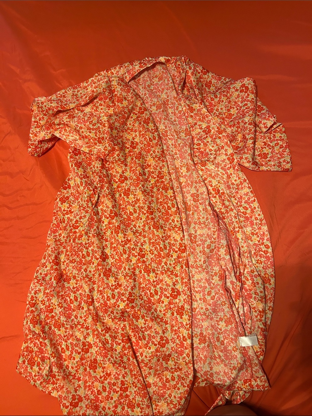 Abound Floral Silky Robe in Red and Creamy Beige